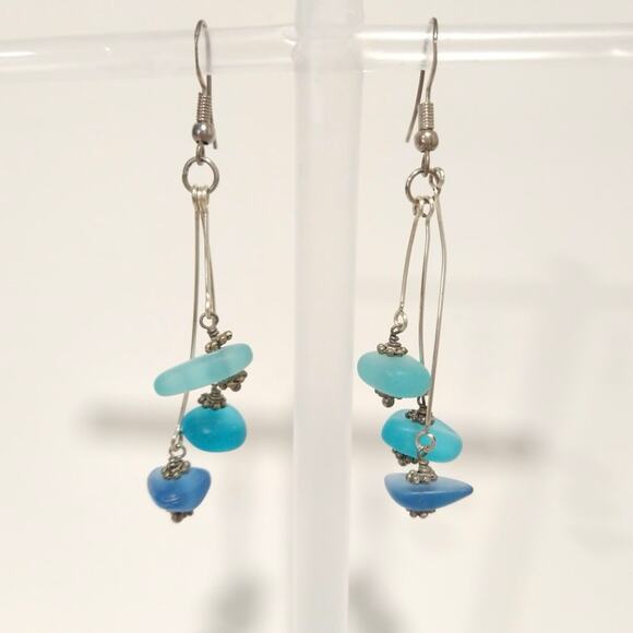 Handmade Three Colors of Hawaiian Ocean’Dangle Earrings Sterling Silver 925 Blue - Picture 1 of 6